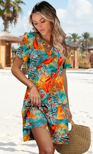 Image of WIHOLL Summer Dresses for Women Casual V Neck Wedding Guest Dress Hawaiian Midi Dress Fashion Beach Vacation Clothes