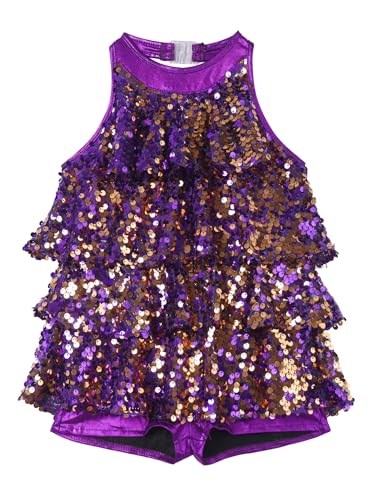 Daenrui Kids Girls Sparkly Sequined Dance Dress Leotard Jazz Latin Salsa Rumba Dance Performance Costume Purple 6 Years