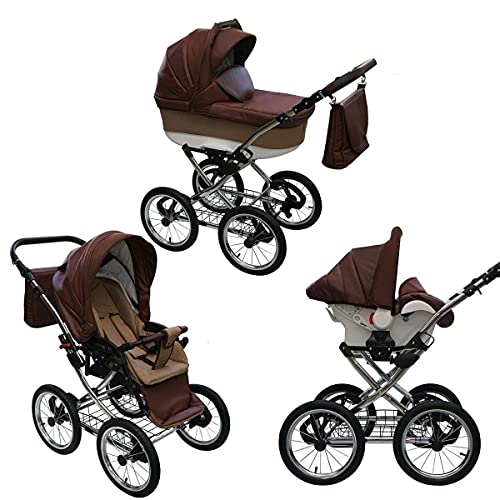 Retro Kinderwagen Classica Lux Luftreifen Chrom Sonnenschirm Set Autositz Brown 02 2in1 ohne Babyschale