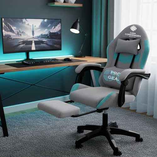 Image of Casa Copenhagen Designed in Denmark, High-Back Fabric Gaming Ergonomic Chair with Advanced Mechanism & Electric Back Massager, Luxurious Memory Foam Seating & Multi Function Arm-Rest -Grey & Aqua Blue