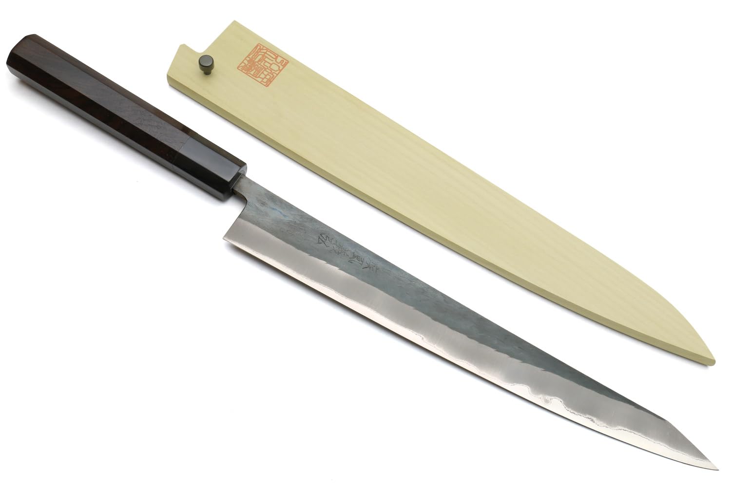 Yoshihiro Kurouchi Black-Forged Blue Steel Stainless Clad Sujihiki Kiritsuke Slicer Knife Ebony Handle (10.5"(270mm) & Saya Cover)