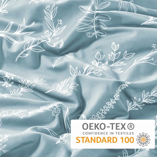 MUXHOMO Duvet Cover Queen Size, Reversible Floral Mineral Blue Duvet Cover Set with Zipper Closure, 3 Pieces Botanical Patterns Soft Microfiber Bedding Set with 4 Ties (90"x90", 2 Pillow Cases)