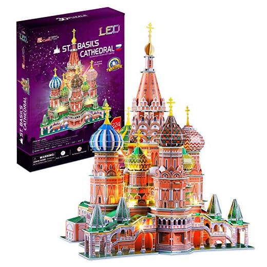 CubicFun LED Russia Cathedral 3D Puzzles for Adults Kids, St.Basil's Cathedral Architecture Building Church Model Kits Toys for Teens, 224 Pieces