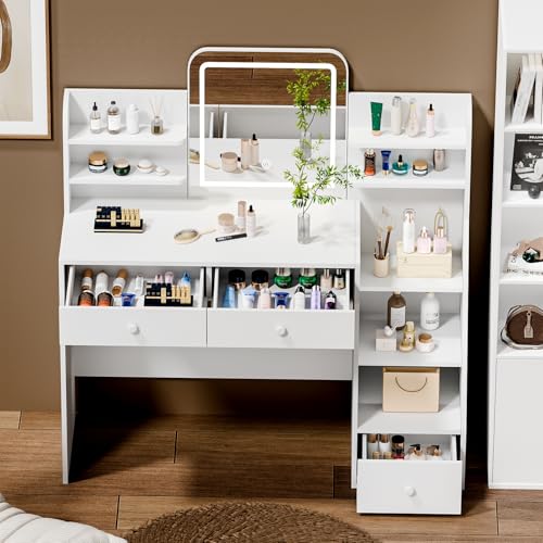 Oiroporz White Makeup Vanity Desk with Square LED Mirror & 6 Open Shelves - 3-Color Adjustable...