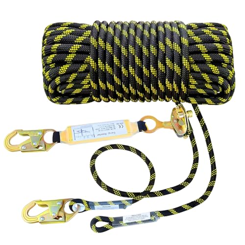Image of 25FT Heavy Duty Fall Protection Safety Rope, Vertical Lifeline Assembly with Shock Absorber & Grab Snap Hooks, Rope Harness Safety Lanyard for Tree Climbing Roofing Safety