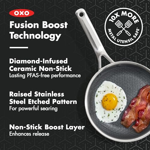 Image of OXO Hybrid 8 inch Nonstick Stainless Steel Frying Pan, Durable PFAS-Free Ceramic Skillet, Stay-Cool Handle, Induction & All Cooktop Compatible, Dishwasher Safe, Mirror Polished Tri-Ply