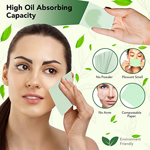 Premium Natural Green Tea Oil Blotting Sheets For Face - 3X100 Sheets With Extra Large 5X3" Thick Blotting Paper For Oily Skin - Dispensable Portable Pack - Reduce Skin Acne - Makeup Friendly #TOP1