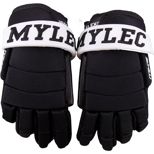 MyLec MK5 Hockey Gloves, Hook Closure for Perfect Fit, 3-Roll Design, Nylon Hockey Stuff with Tough Leather Palm, Lightweight, Durable & Breathable Lacrosse Gloves, EVA Foam(11',Black/White)