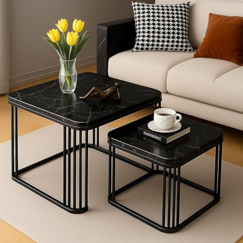 Image of Brown Art SHOPPEE Square Coffee Table Home Decor Furniture Coffee Table Sets,2 Piece MDF Top,Stacking Nesting Table with Iron Frame for Living Room Living Room or Lounge (Full Black)