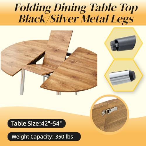 Image of FURNITO Modern Dining Table Set for 4, 42 inch-54 inch Extendable Round to Oval Dining Table, Kitchen & Dining Room Set with Wood Grain Top and 4 Fabric Upholstered Chairs, Space-Saving, Easy Assembly