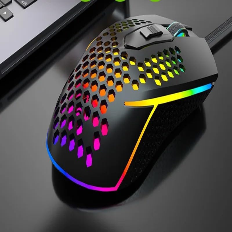 Delux M700 gaming mouse from a side angle, emphasizing its lightweight honeycomb shell.