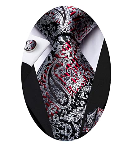 Image of Hi-Tie Paisley Floral Ties Set for Men Silk Mens Stripes Necktie Pocket Square Cufflinks Set Formal Business