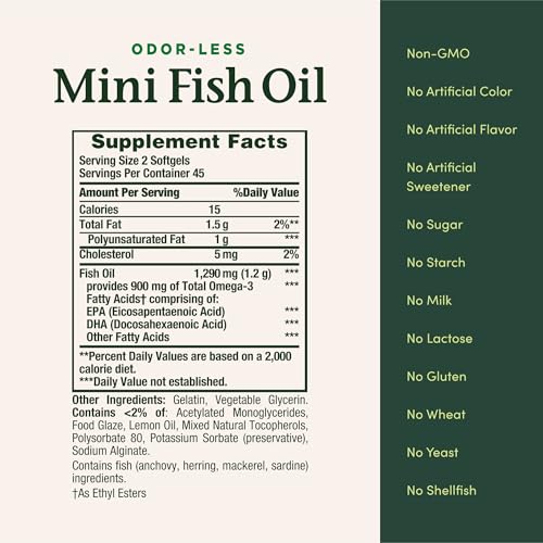 Nature's Bounty Mini Fish Oil Softgels 1290 mg, Omega-3, Supports Heart Health, Odor-Less, 90 Mini Coated Softgels (Pack of 2) - image 5