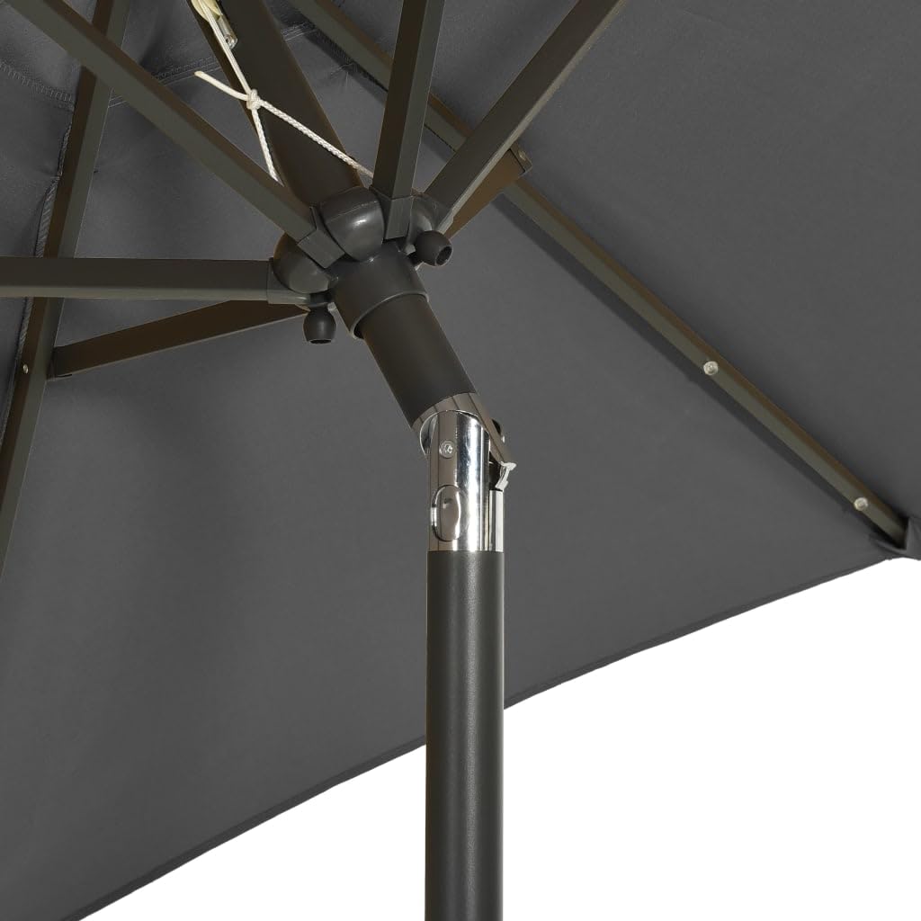 Sombrilla de Jardín con 12 LED y Diseño Inclinable, Impermeable y con Protección UV, Cubierta de Poliéster Anti-decoloración, Poste de Aluminio y 6 Varillas Metálicas