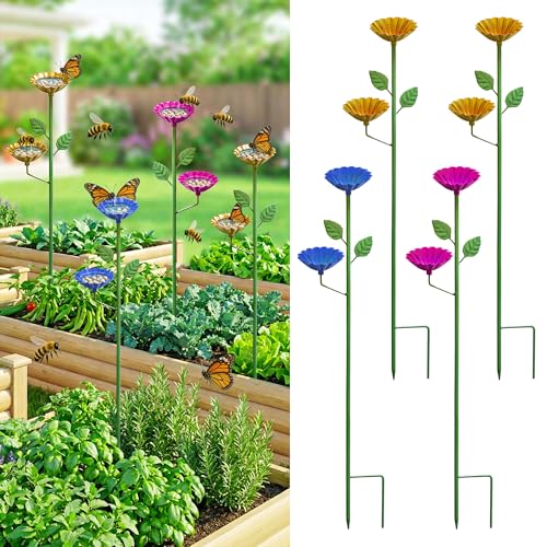 AQGQTQ Bee Watering Station for Garden 4 Pack, Metal Double-Flower Bee Bath Garden Stakes, Colorful Bee Cups Pollinator Feeder Outdoor Decor for Bees Butterflies, Yard Garden Decorations