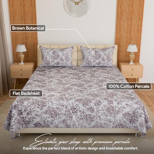 Image of LINENWALAS 100% Cotton Twill Double Size Bedsheet with 2 Pillowcovers | Soft, Breathable & Floral Printed Bedsheet for Double Bed |300 TC | Wrinkle-Resistant,Fade-Proof (229 x 254 CM,Brown Botanical)