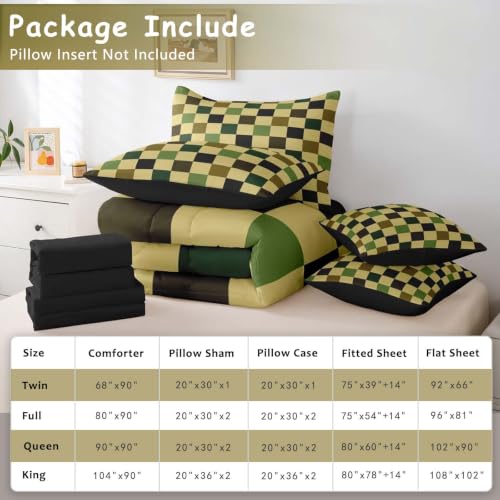 Image of Checkered Retro Comforter Set Twin Size 7 Pieces Hunter Green Plaid Bedding Set for Kids Boys Girls Geometric Camo Army Bed in a Bag Modern Hunting Groovy Aesthetic Bedroom Decor Quilted Lightweight