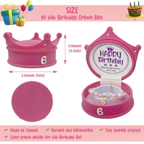 ZomefinKiu Girls 6th Birthday Princess ~ Pink Charm Bracelet, Crown Shape Keepsake Jewelry Box, 6 Year Old Girl Birthday Outfit for 6th Bday Party4