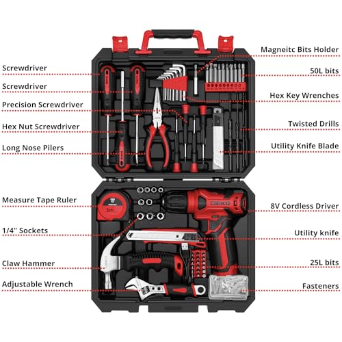 DEKOPRO Drill Set: Tool Set with 8V Red Cordless Drill, Home Tool Kit with Drill, Hand Tool Kits for Women 126 Piece