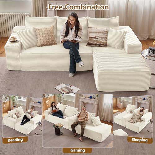 Image of 107 inch Cloud Sectional Couch with L-Shape Chaise, Modern Modular Comfy Sofa Chaise Longue, Upholstered Corduroy Couches Sleeper with Deep Seat for Living Room Bedroom, No Assembly Required, White