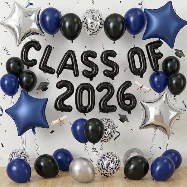Froova 2026 Graduation Balloons Set, Black and Blue Silver Graduation Party Decorations Class of 2026 Balloons with Star Foil Balloon for Preschool High School College Congrats Grad Party Decorations by Froova - Used condition - US$5.26
