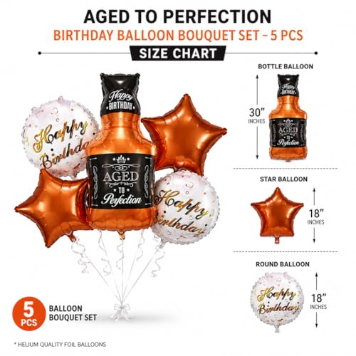 Image of Wanna Party Aged To Perfection Birthday Foil Balloon Bouquet Set of 5 | Bottle & Star Theme Helium Supported Balloons for Birthday Party Decoration, Cake Table Setup & Celebration Backdrop