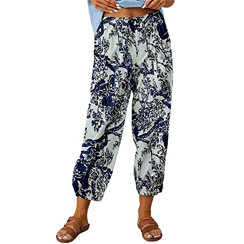 Akivide Women's Retro High Waist Drawstring Boho Floral Printed Linen Pants Casual Elastic Waist Crop Trousers for Women