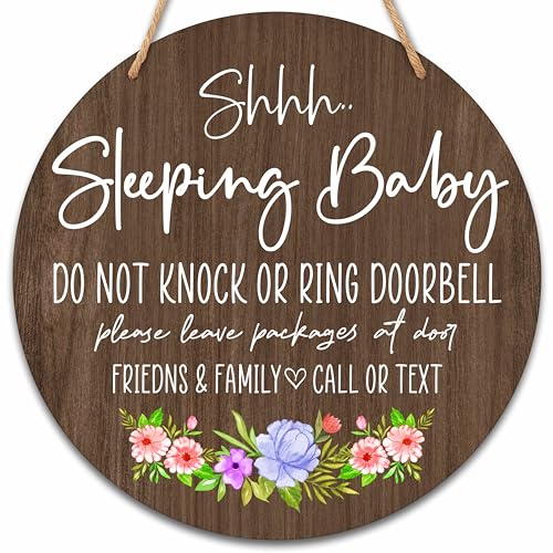 Image of valucise Baby Sleeping Sign for Front Door, Do Not Knock or Ring Doorbell Round Hanging Sign With Rope, Rustic Wooden Baby Bedroom Nursery Home Front Door Porch, New Mom Gifts, B(01)