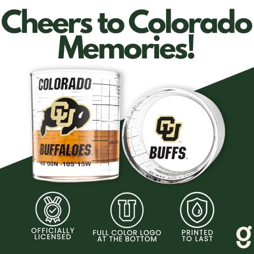 Image of Greenline Goods University of Colorado Buffaloes Whiskey Glasses Set of 2, 10 oz Rocks Glasses with Full-Color Logo & Campus Map - Officially Licensed Bourbon Glass Gift for Alumni & Fans