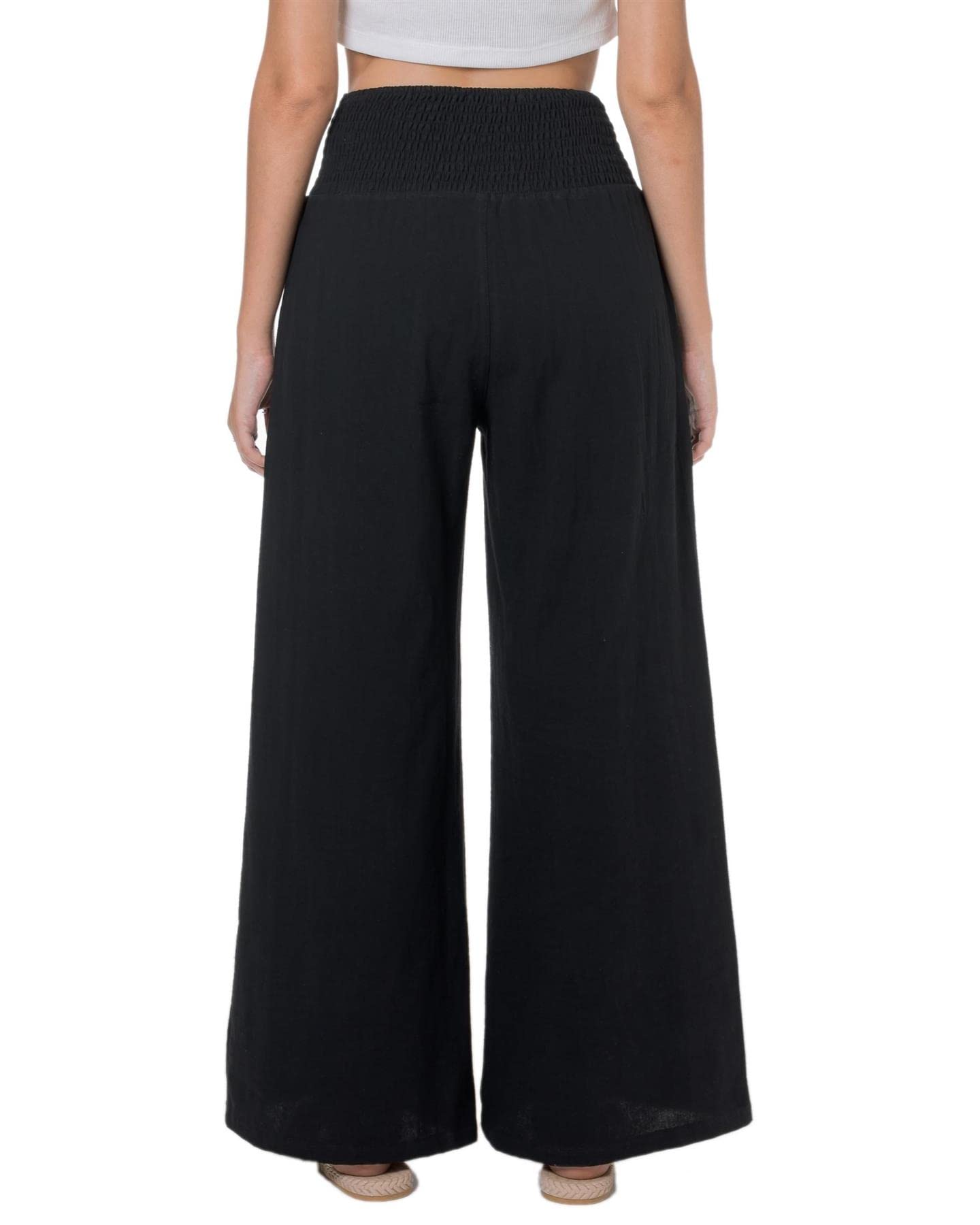 Lofbaz Femme Pantalon Large Été en Coton et Lin Fluide Palazzo Plage Taille Haute Bohème Long Pantalon de Salon avec Poches