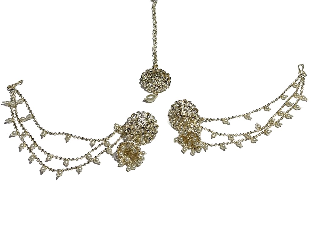 ADVIVEE Mang Tikka Kundan White Pearl & Gold Toned Triple Layer Jhumka Earrings with Hair Chain, Hair Accessories for Women & Girls (B0D8TB4LBC) Amazon Price History, Amazon Price Tracker