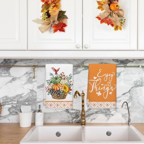Image of Fall Pumpkin Cardinal Basket Kitchen Towels, Thanksgiving Dish Towels Set of 2, Autumn Sunflower Harvest 18 x 26 Inch Hand Towel Quick Drying Dishcloth Decor for Kitchen Bathroom Home