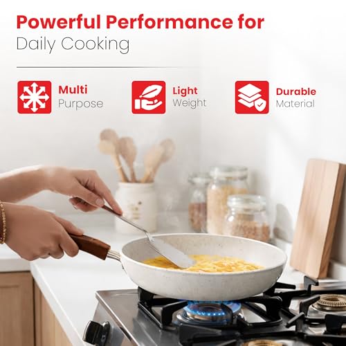 Image of Rioware 24CM Non-Stick Maifan Frying Pan (3L) | 5-Layer Non-Stick Coating | Induction, Ceramic, Electric & Gas Compatible | Dishwasher Safe | Multipurpose for Eggs, Stir-Fry & Daily Cooking- White