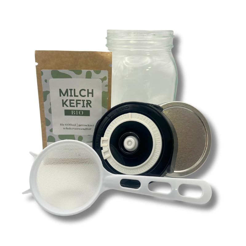 Bio Milchkefir Starter Set, Komplettes Fermentations-Kit mit Glas, Fermentationsdeckel, Sieb, für hausgemachten Kefir