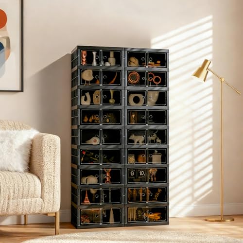 Image of Foldable Shoe Organizer Storage Box Set of 2, Portable Extra Large Folding Shoe Rack for Closet, Shoe Storage Box with Magnetic Transparent Door and Wheels, 9 Layers 18 Grids