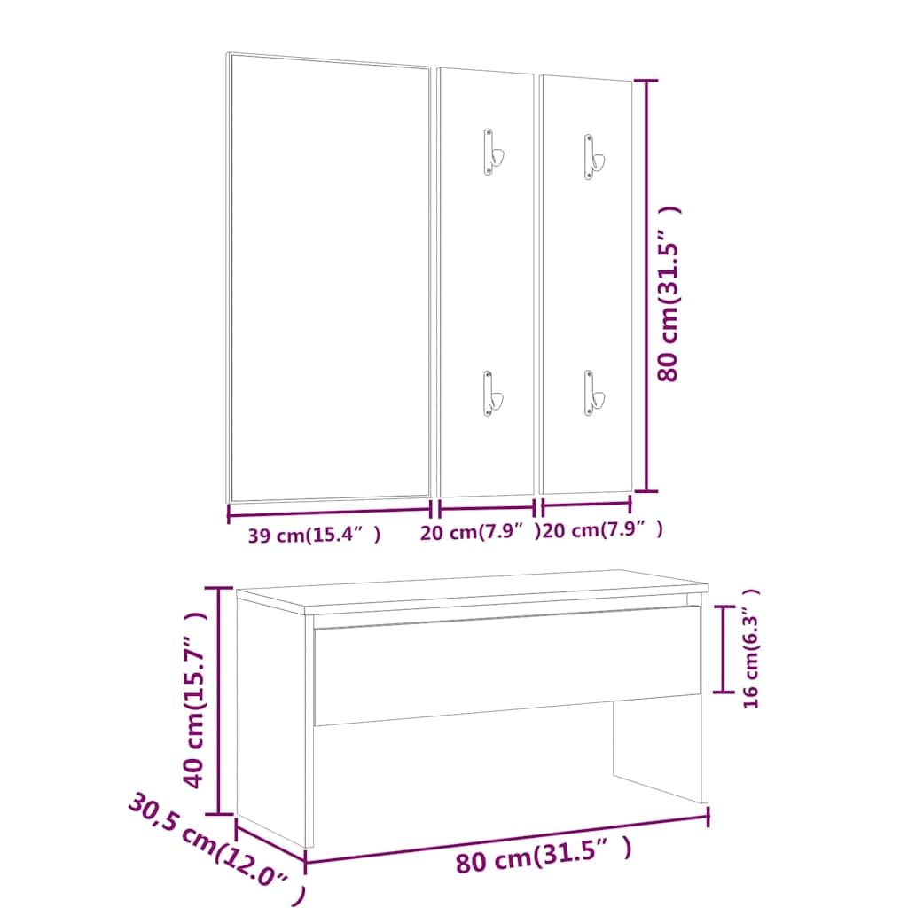 Juego de perchero de madera con espejo, color blanco | Banco de pasillo con cajón, caja de almacenamiento, jardinera, asiento hasta 110 kg