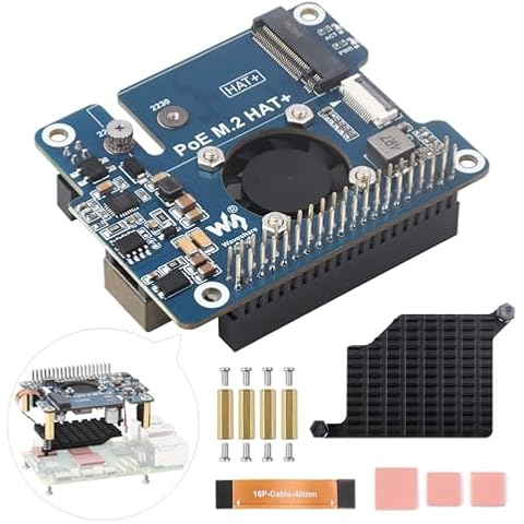 Waveshare NVME PCIe to M.2 Adapter with PoE Function for RPI, Compatible with Raspberry Pi 5, Supports NVMe Protocol M.2 Solid State Drive 2230/2242, Supports 802.3af/at, with Cooling Fan Cover