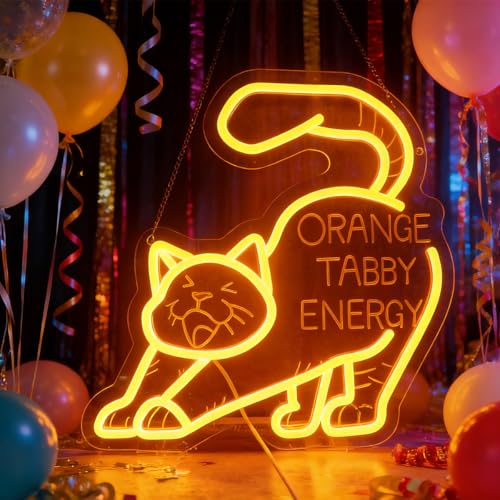 Image of inchOrange Tabby Energy inch Cat Neon Light - Playful & Vibrant LED Wall Art for Cat Lover's Home Office, Living Room, Kitchen & Cozy Nook Decor, Dimmable USB with Hanging Kit, Whimsical Feline-Themed Gift