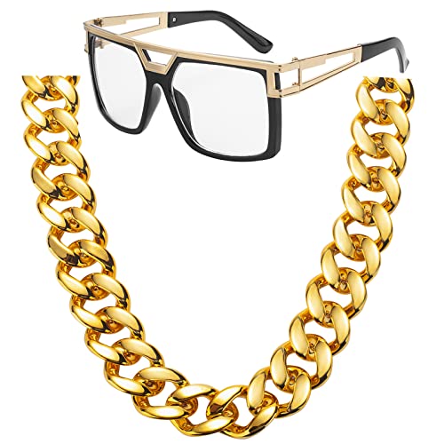 80s 90s Hip Hop Costume Jewelry Gold Chain for Women Men Gold Chain Rapper Sunglasses Necklace Costume Accessory