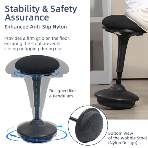 Image of HOMCOM Backless Wobble Stool Chair, Standing Desk Chair, Adjustable Active Ergonomic Learning Stool for Office Desks, with Rocking Motion, Padded, Black