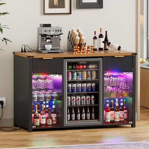 3en1 Mueble Bar con Luces LED RGB Regulables,135cm Coffee Bar con Compartimento para Mini Nevera,Armario Lateral con Puertos USB,Portavasos y Cajones,Diseño Moderno para Cocina,Comedor o Sala de Estar