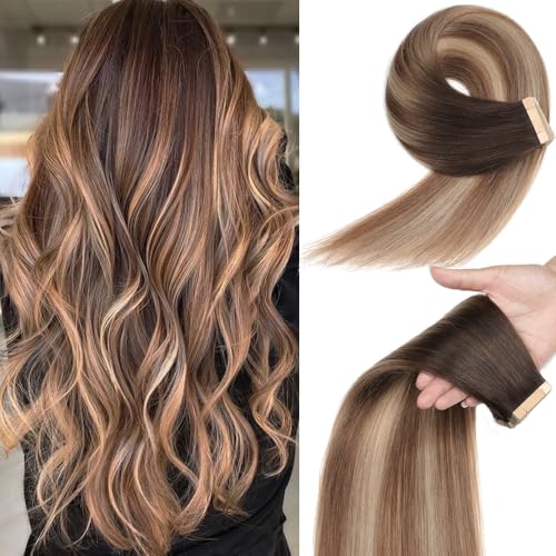 Image of YDDM Tape in Hair Extensions 16 Inch 20pcs Balayage Brown to Dirty Blonde 100% Remy Human Hair for Women Seamless Invisible Tape in Hair Extensions Human Hair(2 /6 /18K#, 16 Inch)