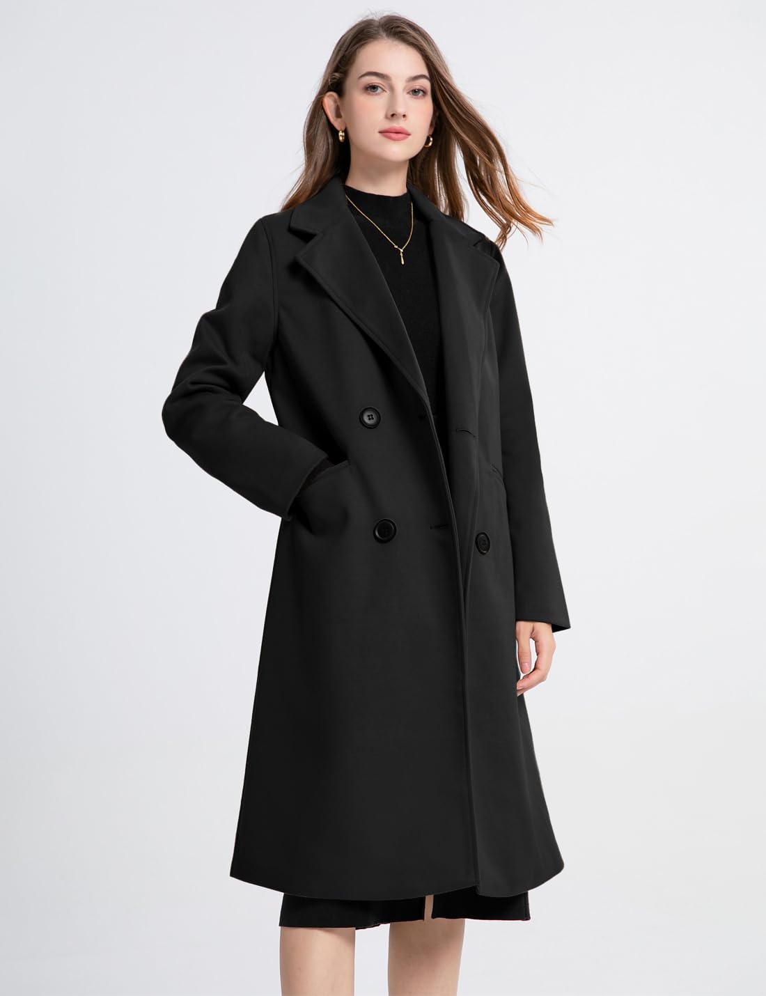 Manteau d'hiver en laine mélangée pour femme - Col à revers - Double boutonnage - Décontracté - Moyen - Long - Trench - Vestes d'extérieur