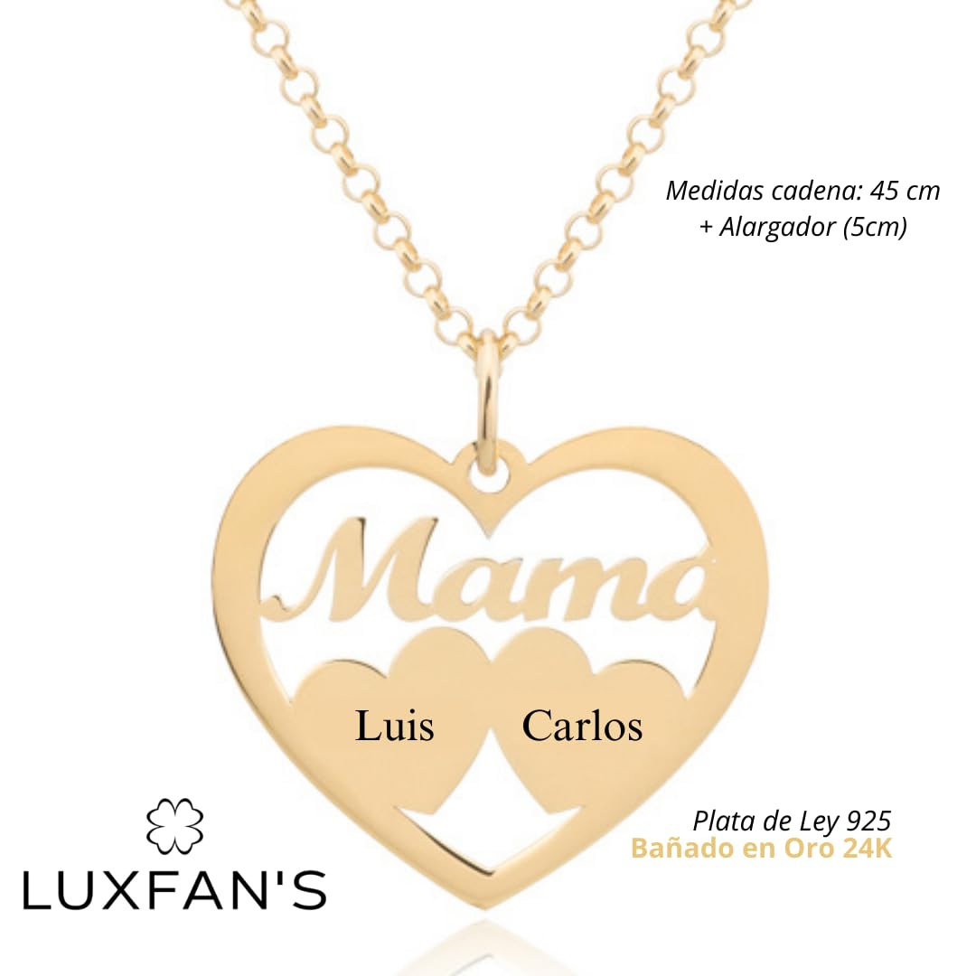 Collar Corazón para Mujer en Plata de Ley 925 personalizable con Nombres de Hijos. Cadena de 45 cm. Ideal para regalar a madres, abuelas en Cumpleaños, Navidad. Hecho en España. (2 Corazones Oro) — view 2