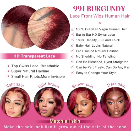 Lukymart 28 Inch 99J Burgundy Lace Front Wigs Human Hair 13X6 Hd Transparent Body Wave Lace Front Wigs Human Hair Pre Plucked 99J Burgundy Red Wine Glueless Human Hair Wigs For Women thumb #4