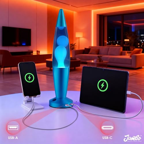 Image of JAMBO Beautiful Liquid Lamp with USB Ports,16 inch Motion Light with Blue Liquid White Wax, Relaxing Nightlight, Mood Light for Bedroom, Living Room, Office - Adults, Teens, Kids