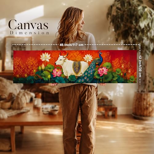Image of Modern Pichwai Kamdhenu Cow Stretched Canvas Wall Art Painting for Living Room, Horizontal Pichwai Peacock Canvas Wall Decor For Livingroom, Bedroom, Office, Hallway's, Hotel 12x46 Inch