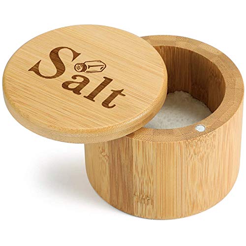 Product Image of the cocomong Bamboo Salt Cellar Salt Box with Swivel Lid, Wood Salt Container Bowl, Round Decorative Farmhouse Kitchen Canister Holder with Salt Engraved, Magnetic Cover, Cute Kitchen Salt Gift 3.5 Inch