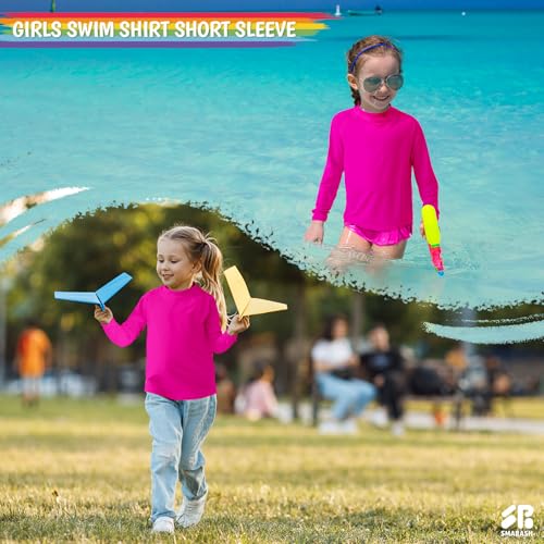 Girls Rash Guard Swim Shirt Long Sleeve for Toddler Kids Rashguard Water Shirt UPF50+ Swimming Fishing Sun SPF Shirt Neon Pink 2T4