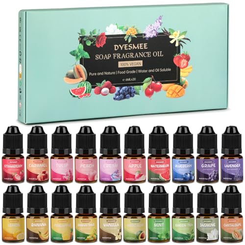 DYESMEE Seifenduftöl 20 x 6 ml Duftöl zur Seifenherstellung Seifenaroma in Lebensmittelqualität Flüssiges Duftöl Set für DIY Badebomben Schleim Kerzen Lotionen Kosmetika Raumdüfte